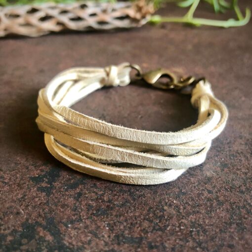 Astali Roadhouse Collection Leather 7-Strand Bracelet - Cream/Brs - Image 3