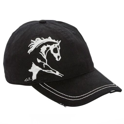 Distressed Baseball Cap with Extended Trotting Horse Black Unisex One Size