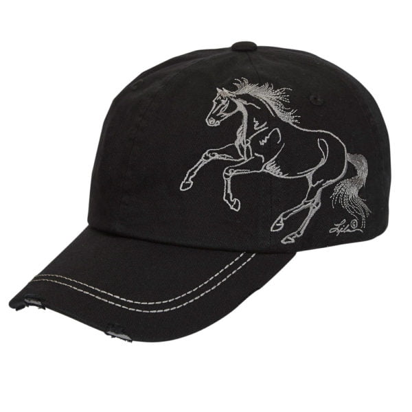 Distressed Baseball Cap with Galloping Horse Black Unisex One Size