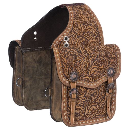 Leather Floral Tooled Saddle Bag with Buckstitching