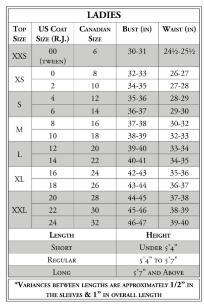 RJ Classics Harmony Show Coat Size Chart