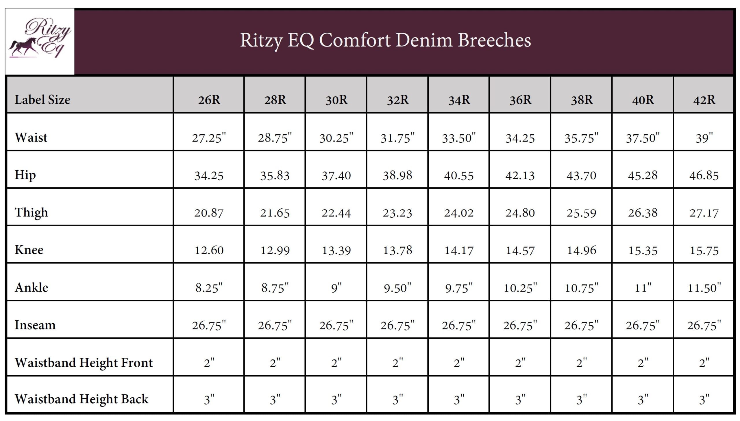 Ritzy EQ Comfort Denim Size Chart