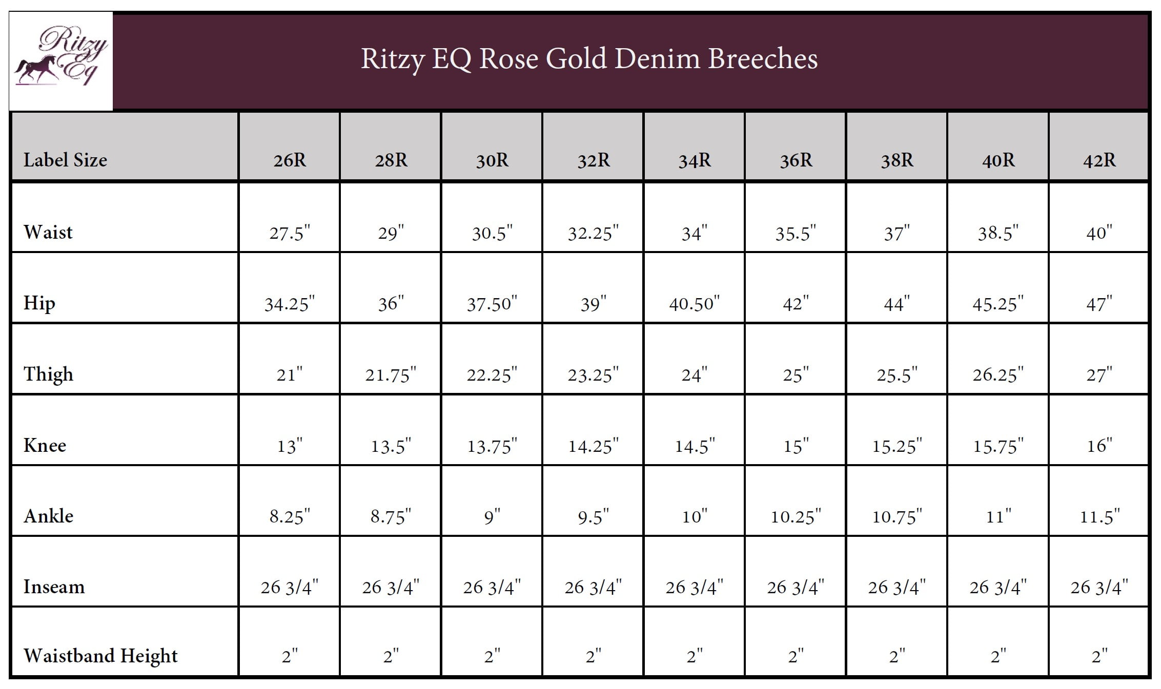 Ritzy EQ Rose Gold Denim Breeches Size Chart