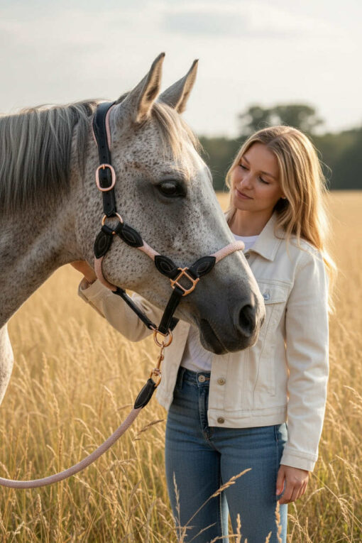 Ritzy EQ Warrior Halter 20 Leather and rope combination halter for horses.