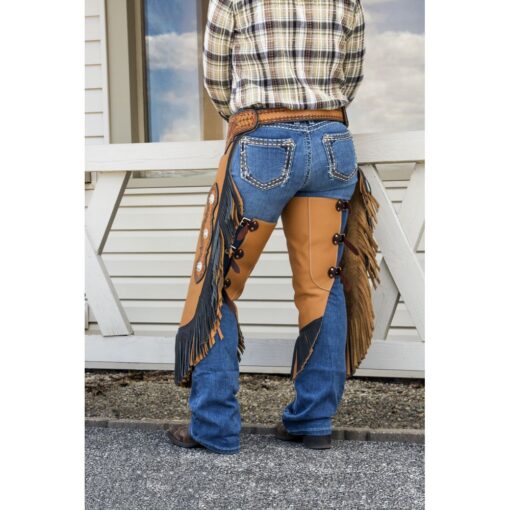 Tough1 Premium Leather Chinks with Floral Yoke & Double Fringe 5 Tough1 Premium Leather Chinks with Floral Yoke Double Fringe 1