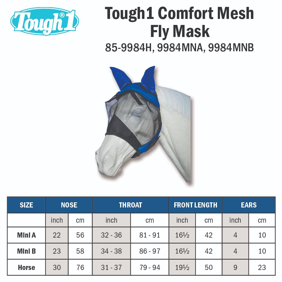 Tough1 Comfort Mesh Fly Mask size chart with measurements in inches